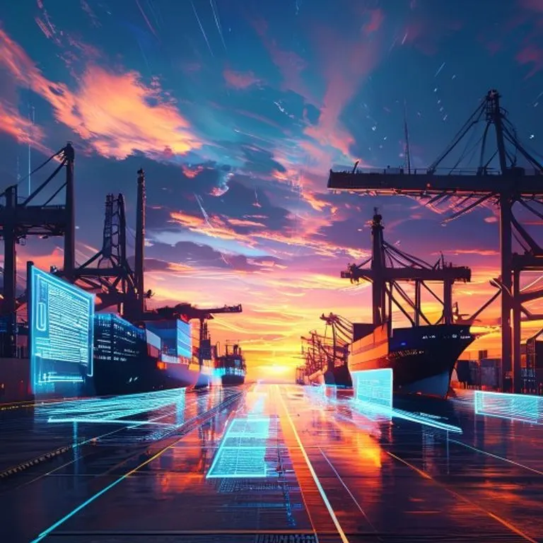 Ilustración digital 3D de un puerto futurista al atardecer, con barcos de contenedores y grúas automatizadas, y proyecciones holográficas de documentos legales, simbolizando el futuro del comercio marítimo.