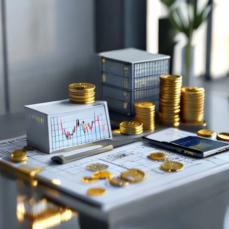 Bodegón de elementos que simbolizan el comercio moderno: un contenedor de envío en miniatura, monedas de oro, un pergamino con planos y una tableta digital mostrando gráficos bursátiles.