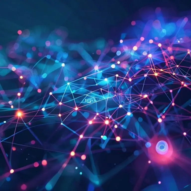 Ilustración abstracta de una red de datos luminosa que converge en un icono de firma digital, sobre un fondo de azules y púrpuras, simbolizando seguridad y conectividad digital.