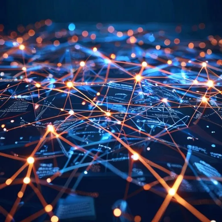 Renderizado 3D de nodos digitales interconectados y líneas brillantes formando una red compleja, representando transacciones comerciales modernas y el Registro Público de Comercio. La red es abstracta, con datos fluyendo entre documentos legales estilizados y pantallas digitales.