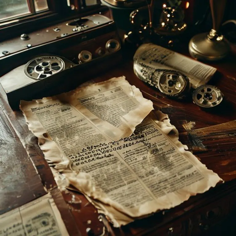 Bodegón cinematográfico de recortes de periódicos vintage sobre un romance escandaloso de Hollywood, entrelazados con carretes de película antiguos y un guion descolorido, sobre un escritorio de caoba con iluminación dramática.