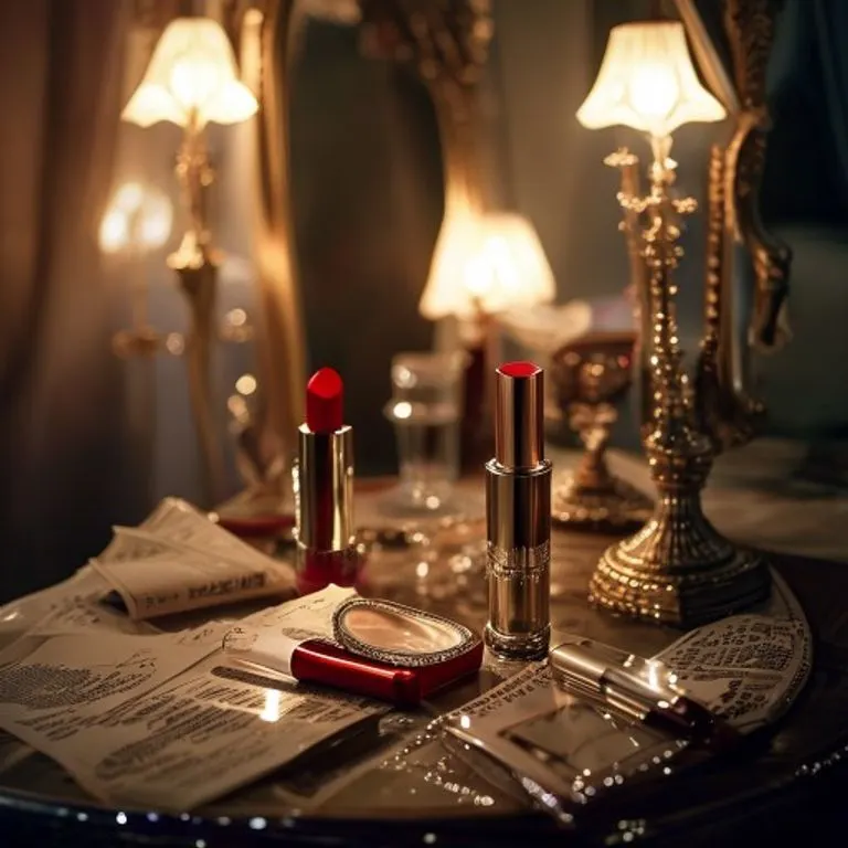 Un tocador vintage con maquillaje de época, un espejo adornado y un guion de película, evocando el glamour de Hollywood.
