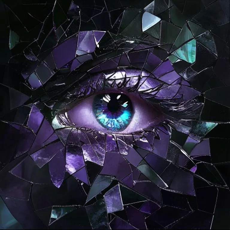 Un mosaico abstracto de fragmentos de cristal violeta y esmeralda, formando un ojo estilizado que simboliza la mirada icónica de Elizabeth Taylor y su legado.