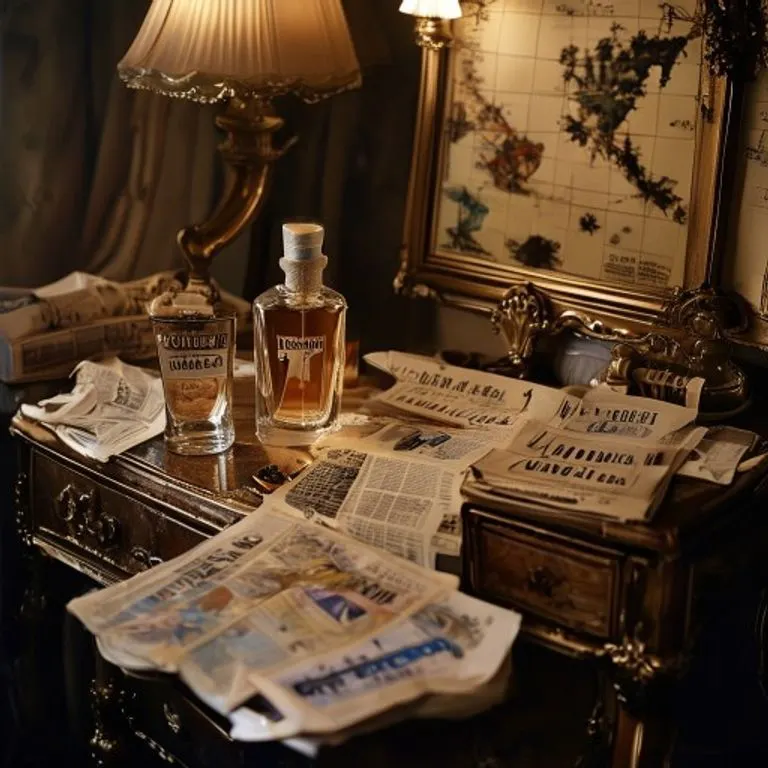 Bodegón de un tocador vintage con un frasco de White Diamonds, recortes de periódicos sobre Elizabeth Taylor y un mapa de estrellas de Hollywood.