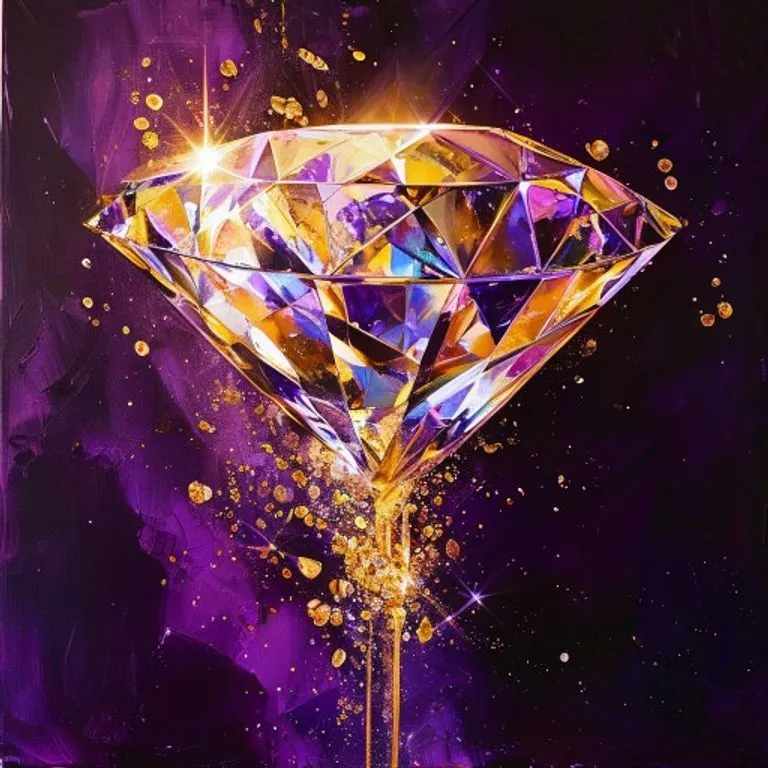 Pintura al óleo abstracta de un diamante multifacético que se disuelve en luz dorada sobre un fondo morado, simbolizando riqueza y legado.