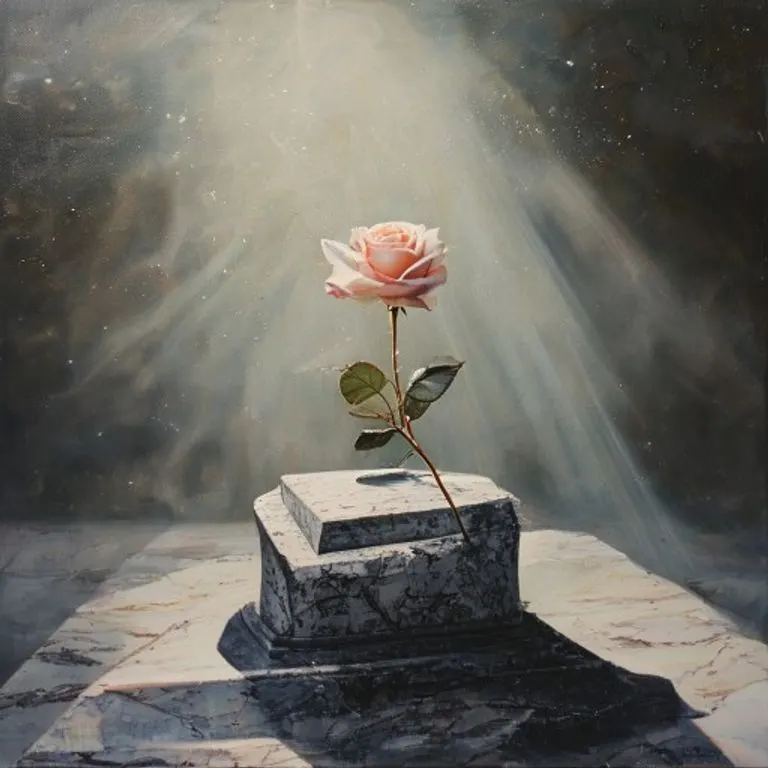 Una elegante rosa solitaria y fresca reposa sobre una lápida de mármol pulido, con grabados sutiles que sugieren un lugar de descanso eterno y respeto. La luz tenue resalta la delicadeza de la flor.