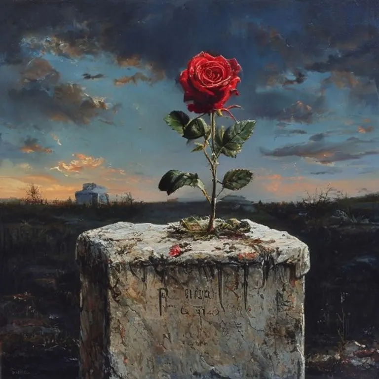 Pintura al óleo de una rosa roja marchita sobre una lápida de mármol, bajo un cielo crepuscular, evocando la melancolía y el recuerdo eterno.