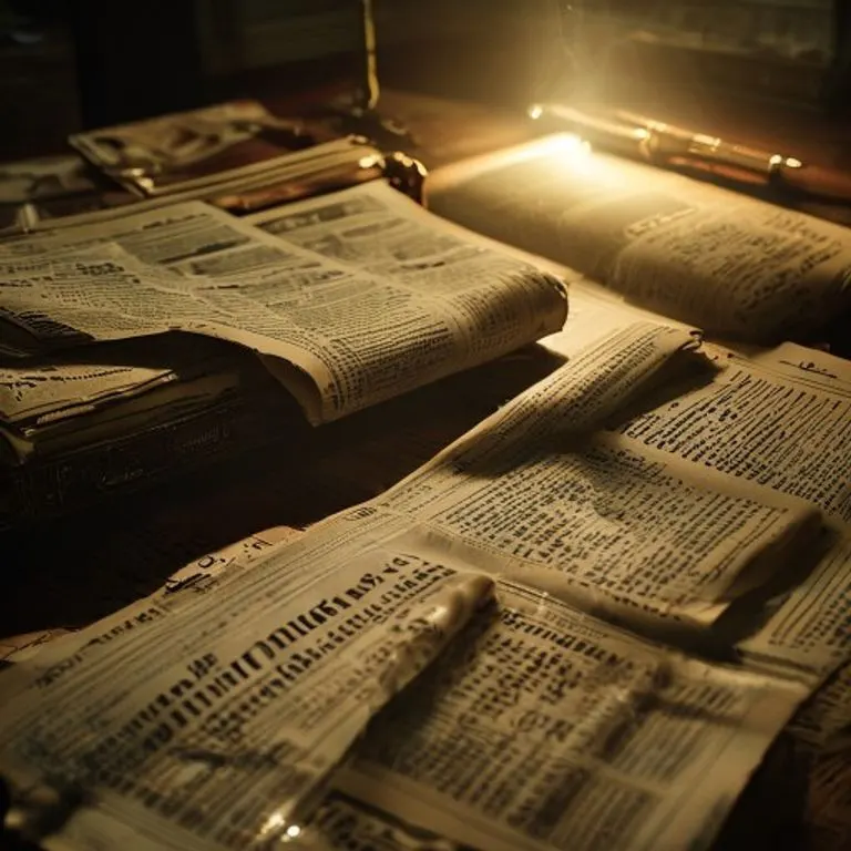 Una composición de recortes de periódicos vintage que detallan escándalos de Hollywood y esfuerzos filantrópicos, esparcidos sobre un escritorio antiguo con una luz tenue. El enfoque está en las texturas del papel y los titulares.