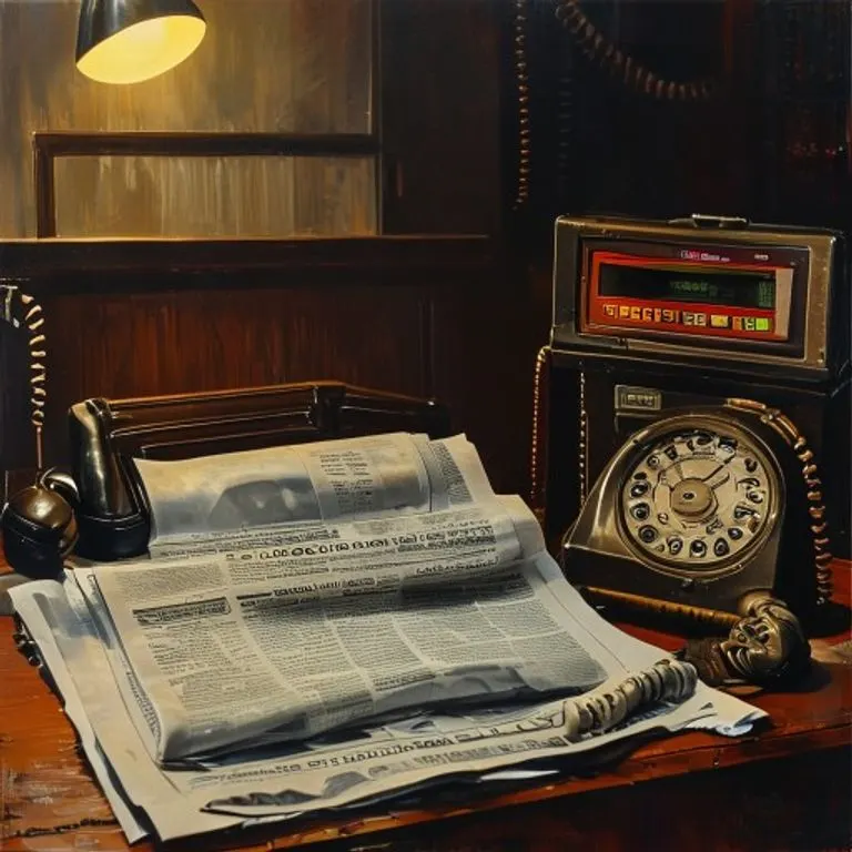 Una mesa de noticias vintage con un periódico arrugado que muestra un titular sobre el terremoto de Japón de 2011, junto a un teléfono de disco antiguo y una máquina de teletipo financiero, iluminada dramáticamente para evocar una atmósfera de urgencia y reflexión sobre eventos históricos.