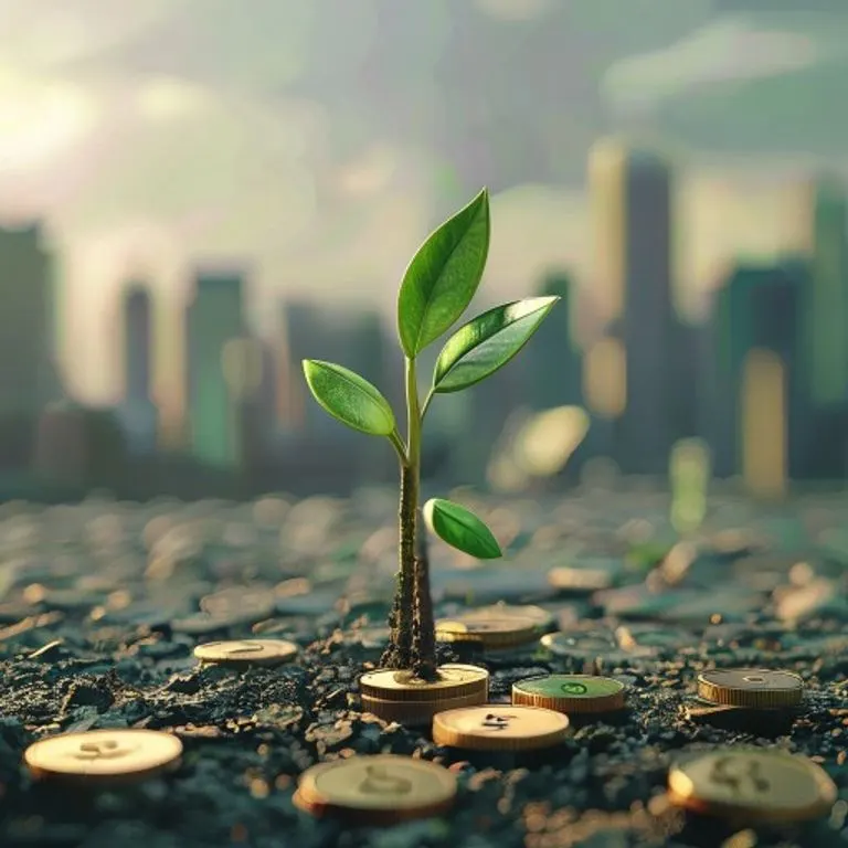 Arte conceptual abstracto de un brote verde emergiendo de tierra agrietada, rodeado de monedas de yen dispersas, simbolizando la recuperación económica y la inversión a largo plazo, con un horizonte urbano moderno difuminado al fondo.