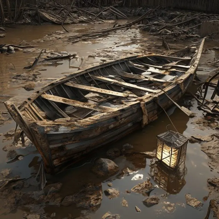 Representación 3D de un barco de pesca destrozado y sumergido entre escombros de casas y metal retorcido, con una linterna japonesa flotando.