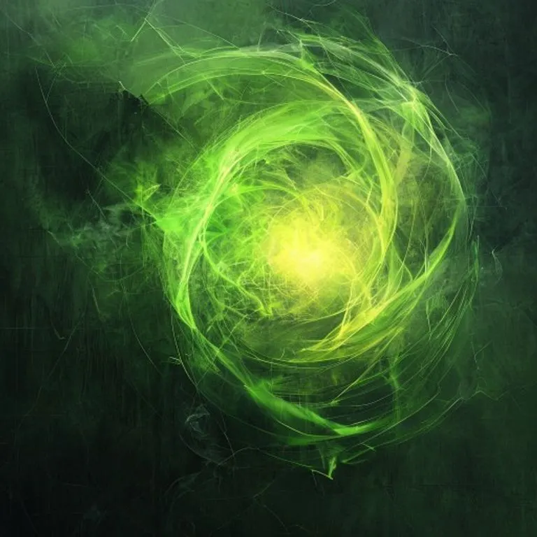 Arte conceptual de patrones de luz verde y amarilla que emanan de una estructura de hormigón agrietada, simbolizando la radiación y el fallo de contención.