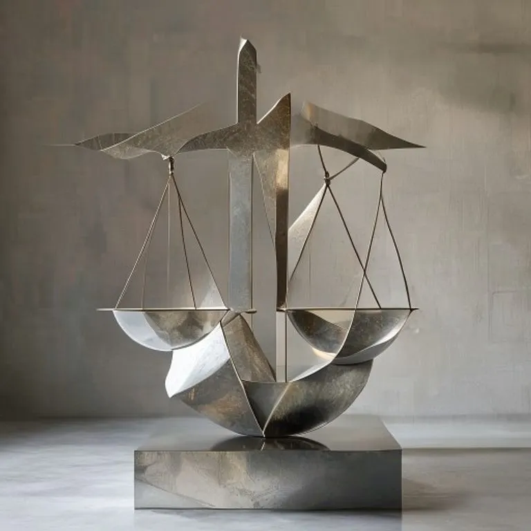 Escultura moderna de las escalas de justicia con formas geométricas, simbolizando marcos legales actuales