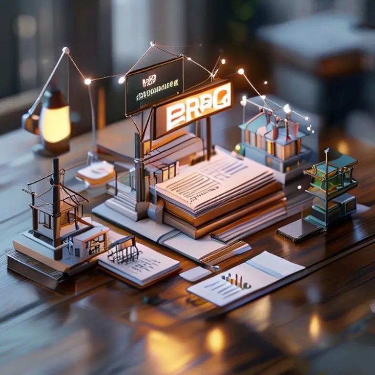 Representación 3D de un establecimiento de comercio con sus activos interconectados, como un letrero, documentos legales y una gráfica de crecimiento.