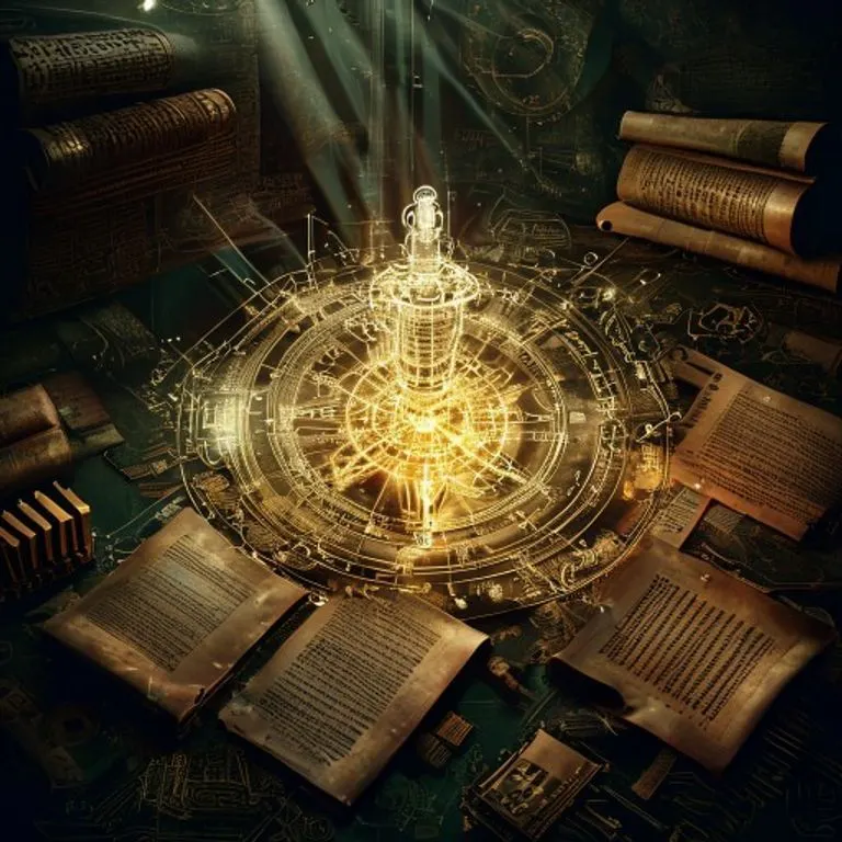 Arte conceptual de un plano de invención brillante rodeado de documentos antiguos y tecnología moderna, representando la propiedad industrial.