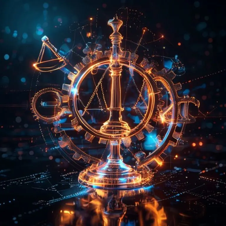 Renderizado 3D conceptual de engranajes interconectados y símbolos legales abstractos como un mazo y una balanza estilizada, formando una red dinámica y brillante sobre un fondo oscuro y futurista.