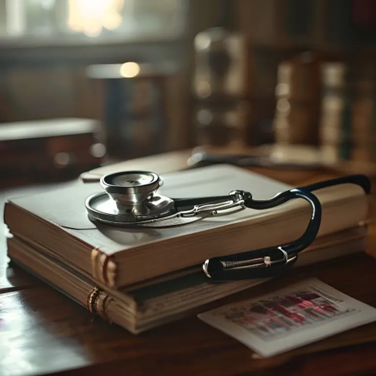 Fotografía cinematográfica de un kit de evaluación médica con un estetoscopio sobre documentos legales y un ECG borroso.