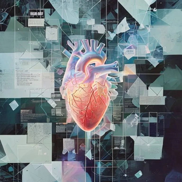 Arte conceptual abstracto de formas geométricas translúcidas que representan datos médicos y legales, flotando alrededor de un corazón estilizado y brillante, simbolizando la fragilidad y el impacto sistémico de la discapacidad.