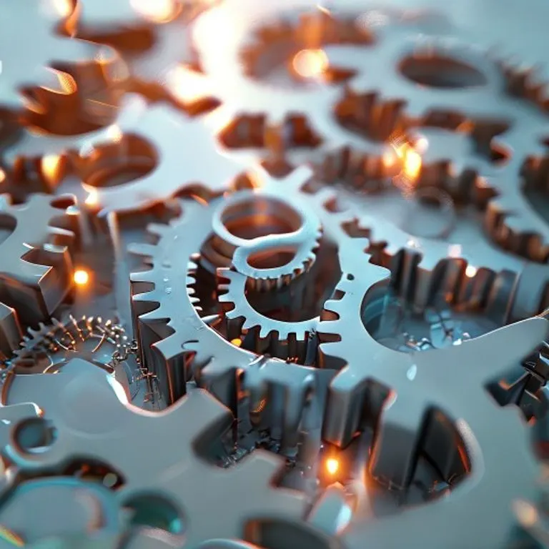 Representación 3D estilizada y abstracta del potencial y las limitaciones humanas, mostrada como engranajes y circuitos interconectados, con algunos engranajes desgastados y otros brillantes, sobre un fondo de luz difusa. Toma macro, sin figuras humanas.