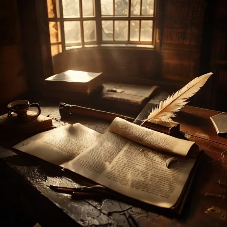 Bodegón cinematográfico de un escritorio antiguo con documentos históricos y una pluma, simbolizando la redacción de leyes fundamentales.