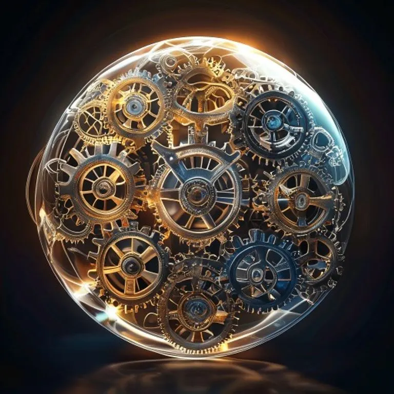 Arte conceptual de engranajes interconectados que representan las ramas del poder público, operando dentro de una esfera luminosa que simboliza la ley.
