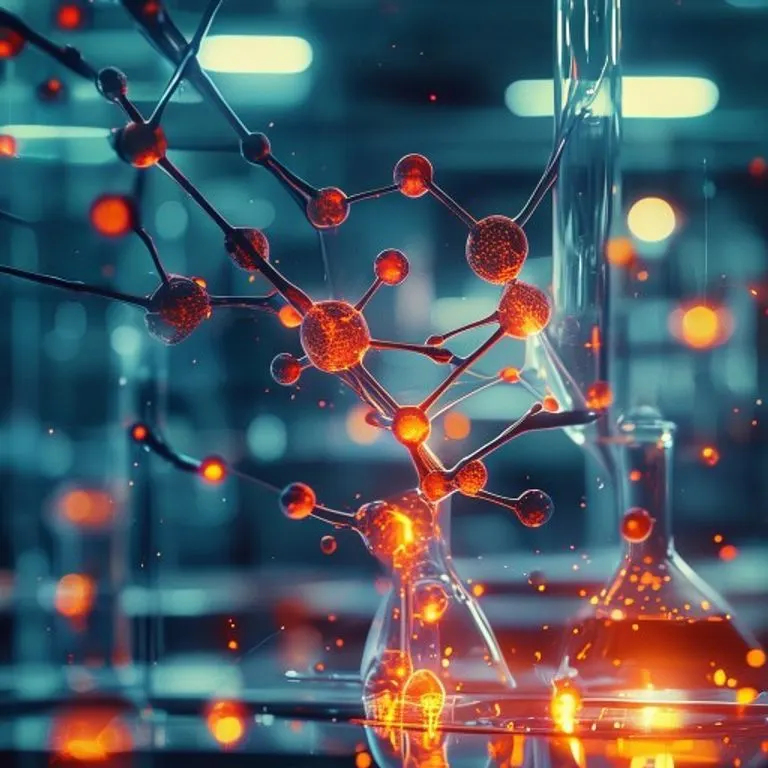 Arte conceptual de estructuras moleculares de protodioscina entrelazadas con fibras musculares y símbolos hormonales en un entorno de laboratorio