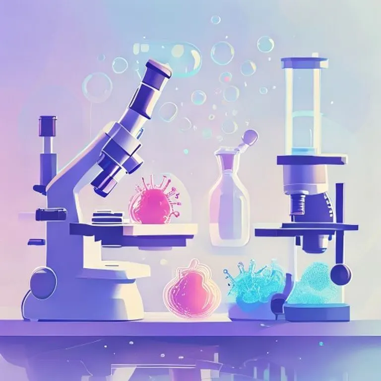 Una pieza de arte conceptual que representa una colección de instrumentos científicos: un microscopio estilizado, una placa de Petri con cultivos celulares abstractos y una máquina de secuenciación genética, todo con una estética limpia y minimalista. El fondo es un degradado suave de azules y morados, simbolizando el descubrimiento y el análisis.