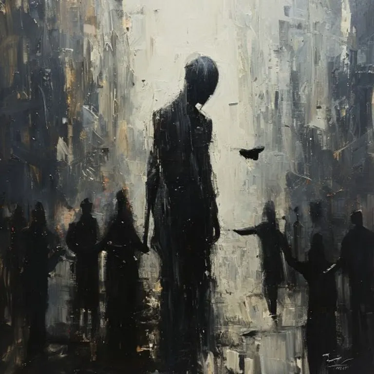Pintura al óleo surrealista de una sombra que se separa de una figura humana, con otras figuras señalando y susurrando en un fondo urbano borroso, representando la estigmatización.
