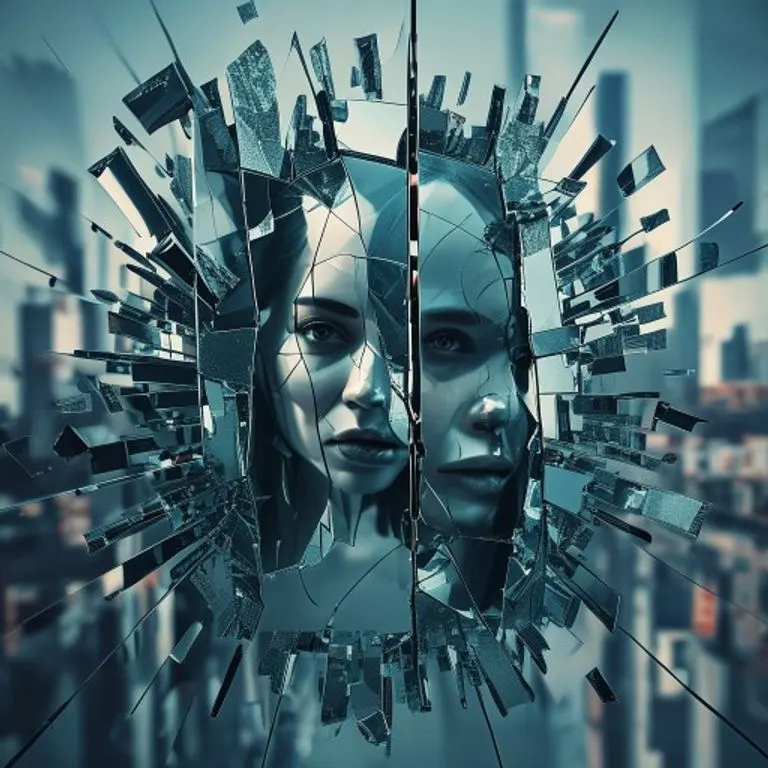 Arte conceptual de un espejo fragmentado que distorsiona las normas sociales, con algunas piezas mostrando patrones ordenados y otras caóticas. El fondo es un paisaje urbano difuminado, sugiriendo el contexto de las estructuras sociales. El estilo es nítido, geométrico y simbólico, con una paleta de colores fríos.