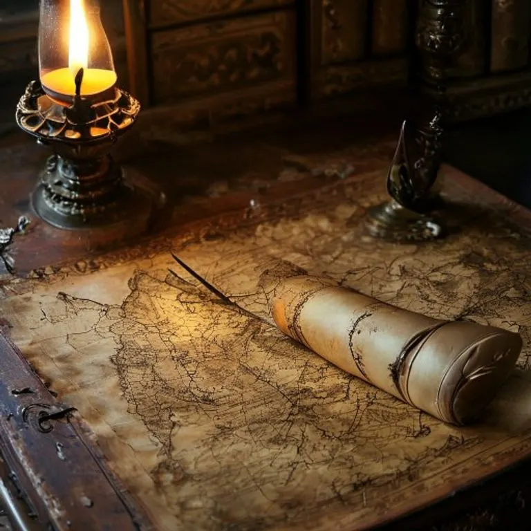 Fotografía vintage de una pluma de ave y un pergamino antiguo con un mapa de Al-Andalus sobre una mesa de madera, iluminado por una lámpara de aceite.