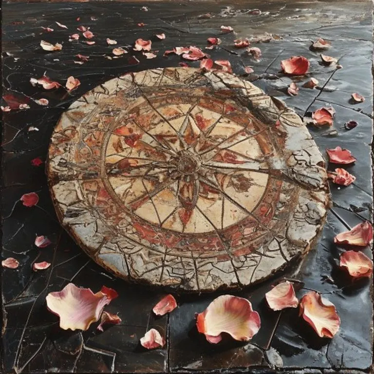 Pintura al óleo de un azulejo de cerámica intrincadamente tallado, agrietado y desgastado, rodeado de pétalos de rosa sobre una superficie oscura.