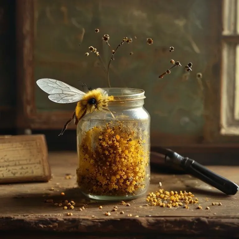 Fotografía macro de un frasco de vidrio antiguo lleno de polen, con un ala de abejorro delicadamente apoyada, sobre un escritorio de madera con ilustraciones botánicas.