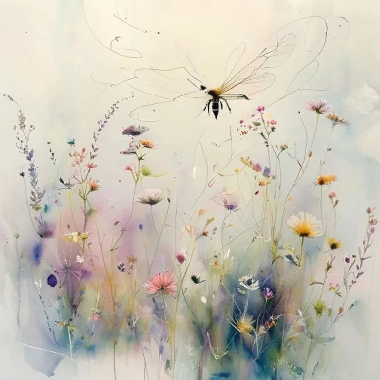 Pintura de acuarela de un grupo de flores silvestres en tonos pastel, con trazos sutiles que sugieren el vuelo de un abejorro, evocando la delicadeza de la naturaleza.