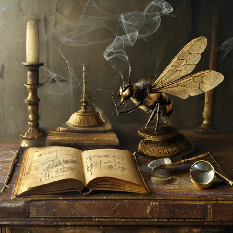 Bodegón de un escritorio científico antiguo con un libro abierto sobre aerodinámica de insectos de 1934, ecuaciones complejas, un modelo de ala de abejorro y una lupa, con humo que ilustra corrientes de aire.
