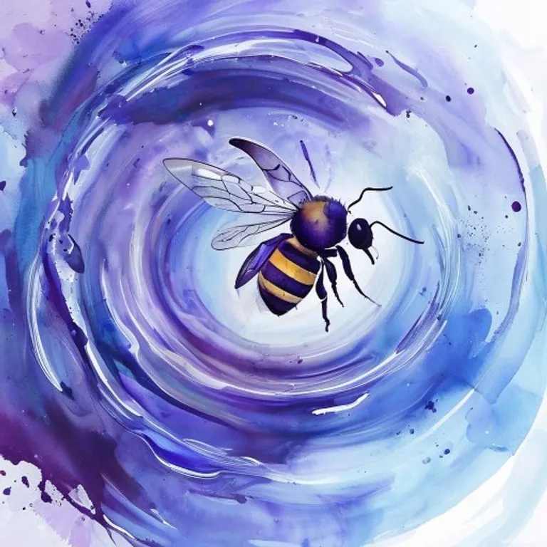 Arte conceptual de acuarela que representa patrones de vórtices azules y morados arremolinándose alrededor de una silueta estilizada y translúcida de un abejorro, simbolizando la sustentación dinámica.
