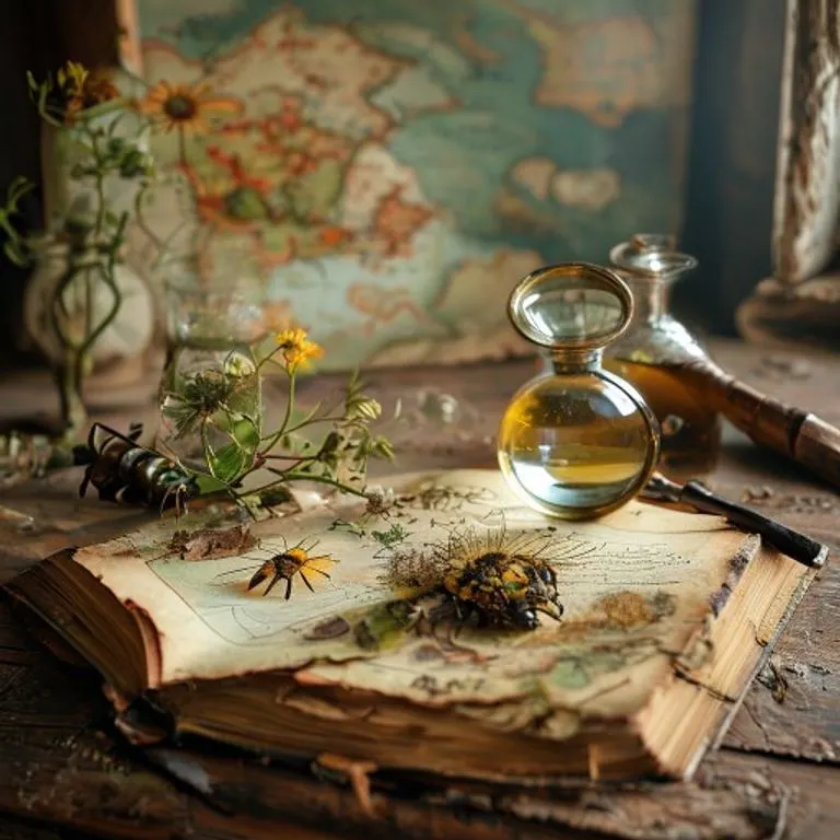 Bodegón de un escritorio científico con un libro de botánica, una lupa y un vial con un abejorro, sobre un mapa del Reino Unido.