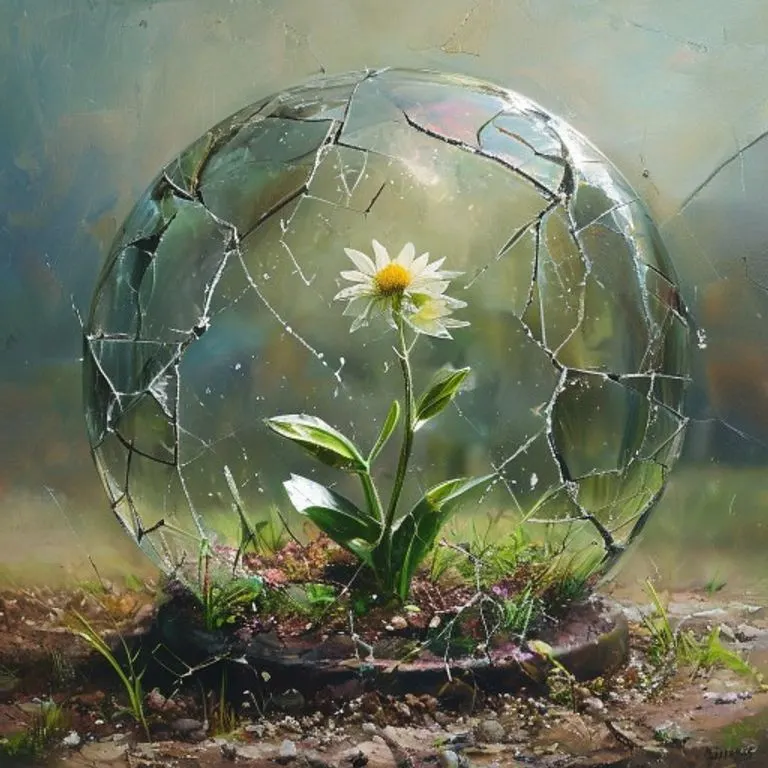 Arte conceptual de una cúpula de cristal rota con una flor luchando por crecer y pesticidas dispersos.