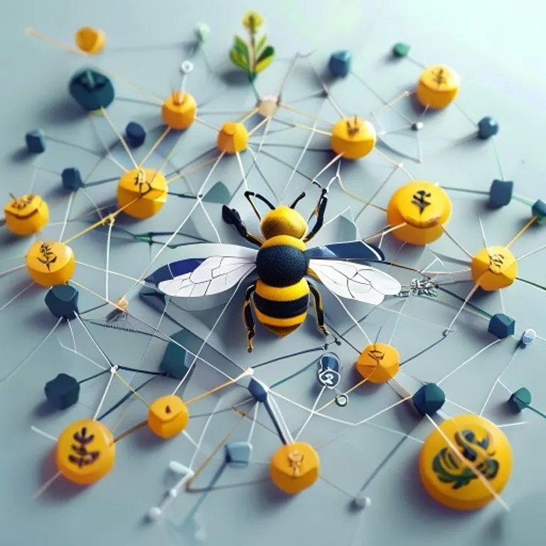 Ilustración digital 3D abstracta de una red económica global con un abejorro estilizado en el centro, conectando símbolos de alimentos y dinero.