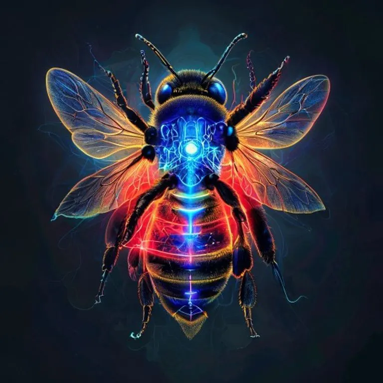 Ilustración conceptual de un abejorro, mostrando el flujo de hemolinfa en el tórax y abdomen, con colores cálidos y fríos indicando la regulación de temperatura interna.