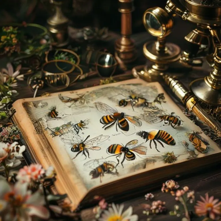 Bodegón de un antiguo diario de entomología abierto con ilustraciones de abejorros, lupas vintage y un microscopio de latón sobre un escritorio de madera.