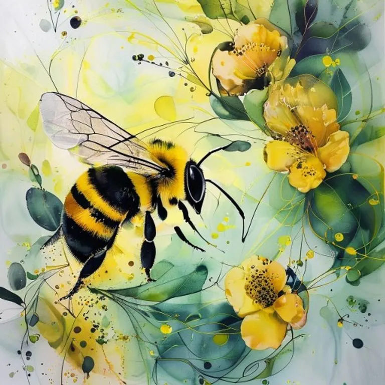 Pintura abstracta en acuarela que representa la interconexión de un abejorro con su entorno floral, con colores vibrantes y siluetas etéreas.