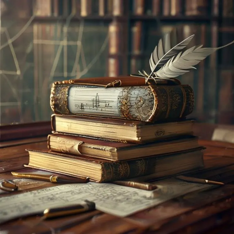 Pila de libros de derecho antiguos y una pluma de ave sobre un escritorio de madera, con un plano de barco difuminado.