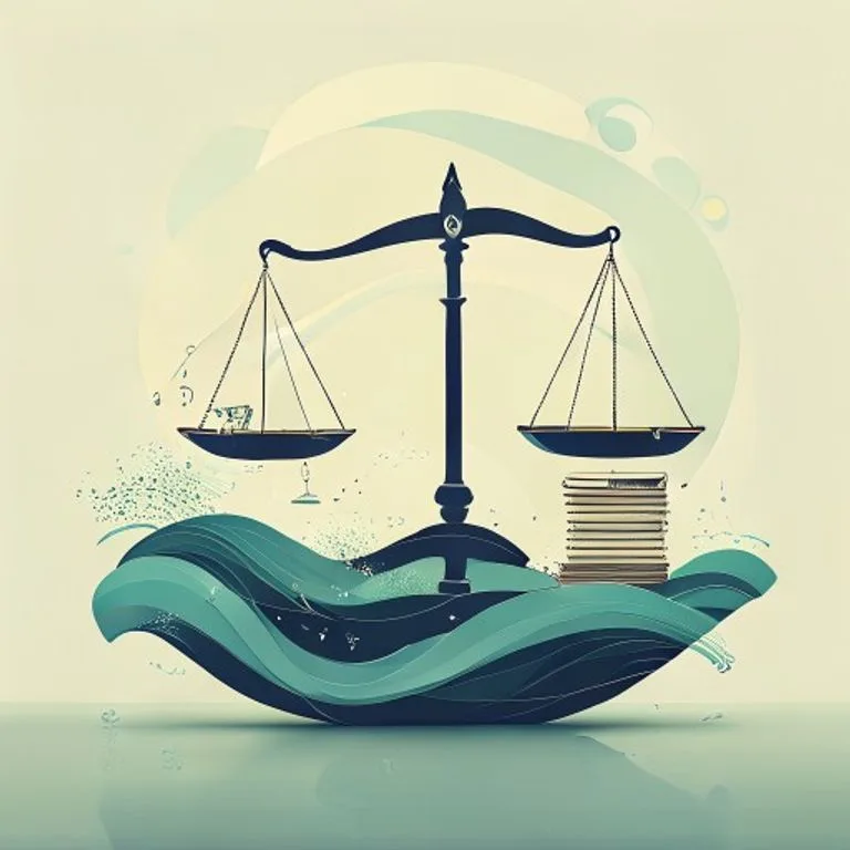 Balanza estilizada con un barco en miniatura en un platillo y documentos legales en el otro, sobre un fondo de olas abstractas y símbolos de justicia.