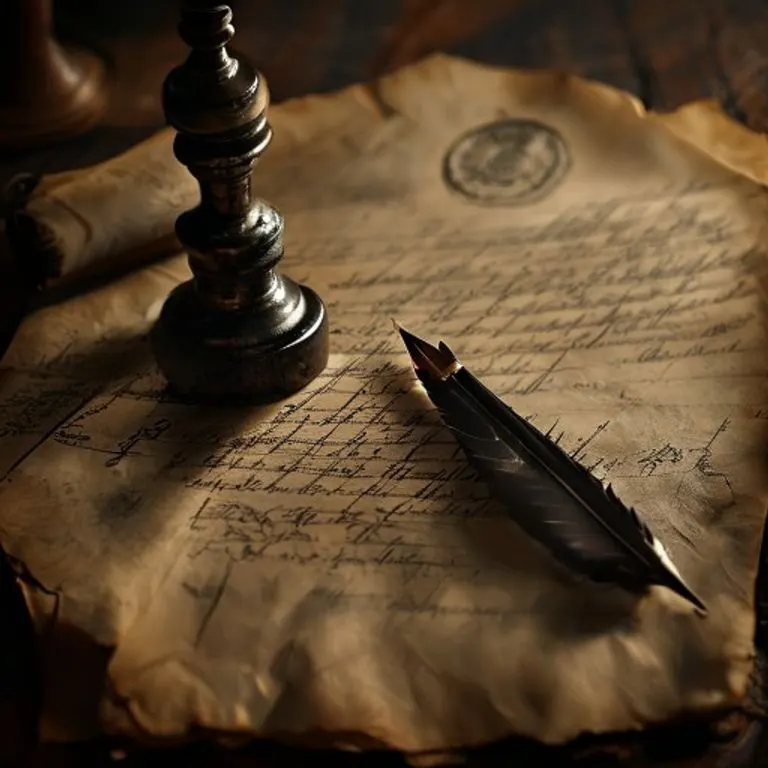 Bodegón cinematográfico con un tintero antiguo y una pluma de ave sobre una pila de pergaminos envejecidos, uno con un sello legal difuminado. Iluminación dramática que evoca documentos históricos.