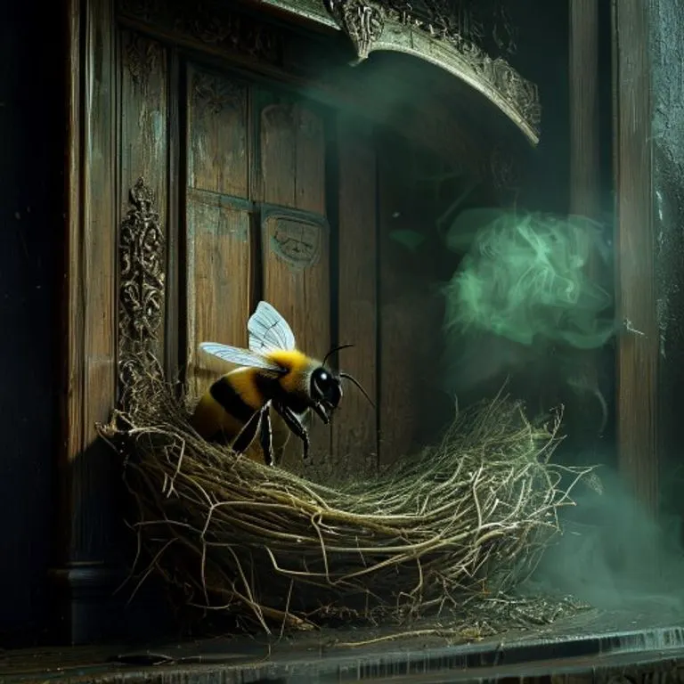 Representación digital 3D de la entrada de un nido de abejorro, con una puerta de madera entreabierta de la que emana un humo verde etéreo, simbolizando el mimetismo químico.