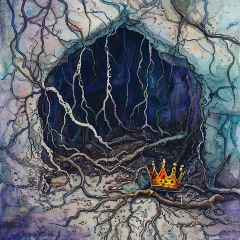 Pintura de acuarela de una intrincada red de raíces y túneles subterráneos, con una corona de abejorro reina desechada en una encrucijada, simbolizando el ciclo de vida parasitario.