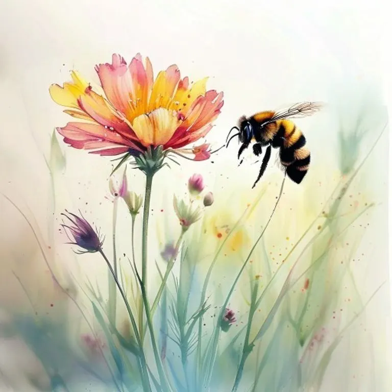 Pintura acuarela de flor con polen y abejorro al fondo