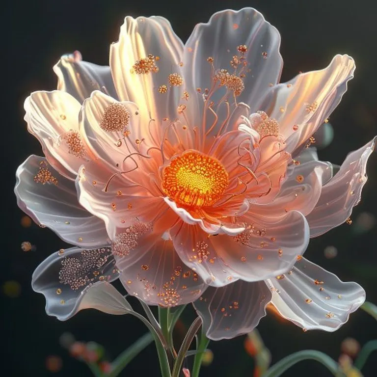 Ilustración 3D de una flor con néctar y polen