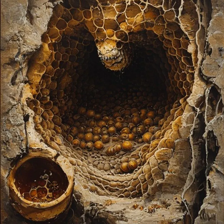 Pintura al óleo de celdas de cría de abejorro irregulares hechas de cera, con larvas y pupas, y pequeños recipientes de miel y polen.