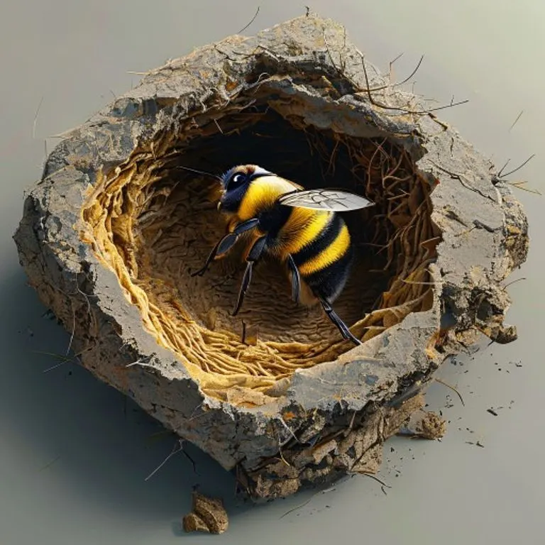 Render isométrico conceptual de un nido de abejorro dentro de una madriguera subterránea, mostrando capas aislantes de plantas y cera, con sutiles indicadores de gradientes térmicos.